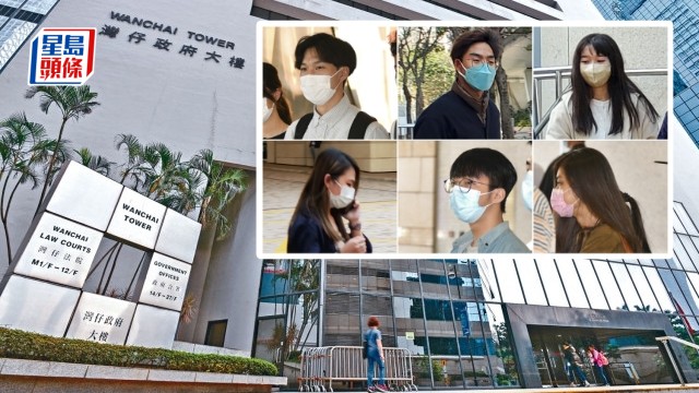 被告(上左起)伍偉楠、梁卓峰、黃筠喬、(下左起)劉淑華、黃琪峰、黎靖言,連同梁穎欣、林鑫濤和卓琬宜9人被裁定暴動罪成。