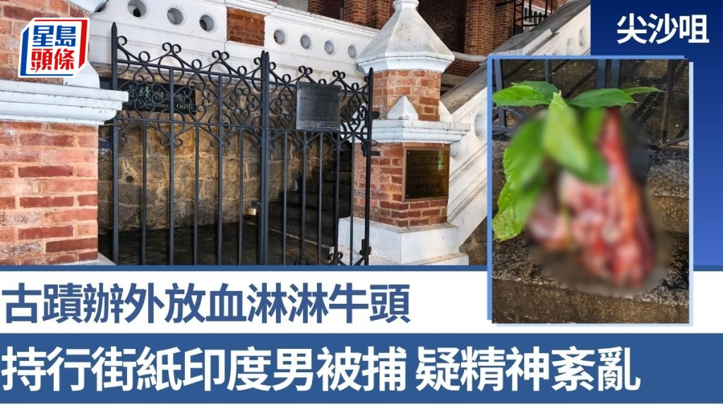 尖沙咀古蹟辦外放血淋淋牛頭 持行街紙印度男被捕 疑精神紊亂