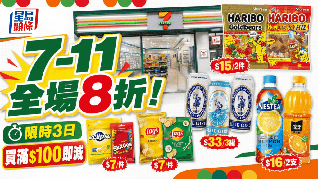 7-11突發8折優惠！7-Eleven限時3日 指定店舖購物滿$100即享全單折扣