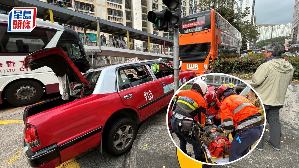 的士剷上石壆花槽，女乘客一度被困車廂獲救送院。林思明攝