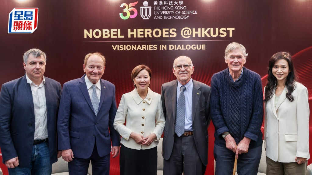 科大舉辦「諾貝爾英雄＠科大」學術盛會。左起為諾沃肖諾夫、莫頓、葉玉如、伊格納羅、亨特及羅寶文。何家豪攝