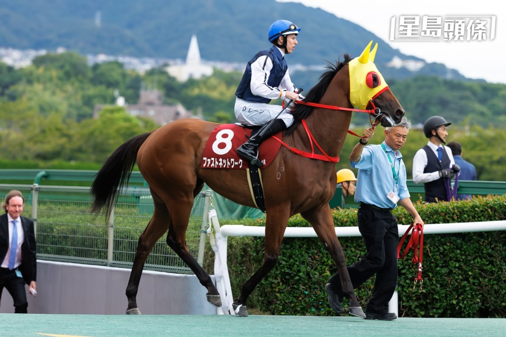 連達文策騎的「舉步生風」在阪神競馬場的跑道上。