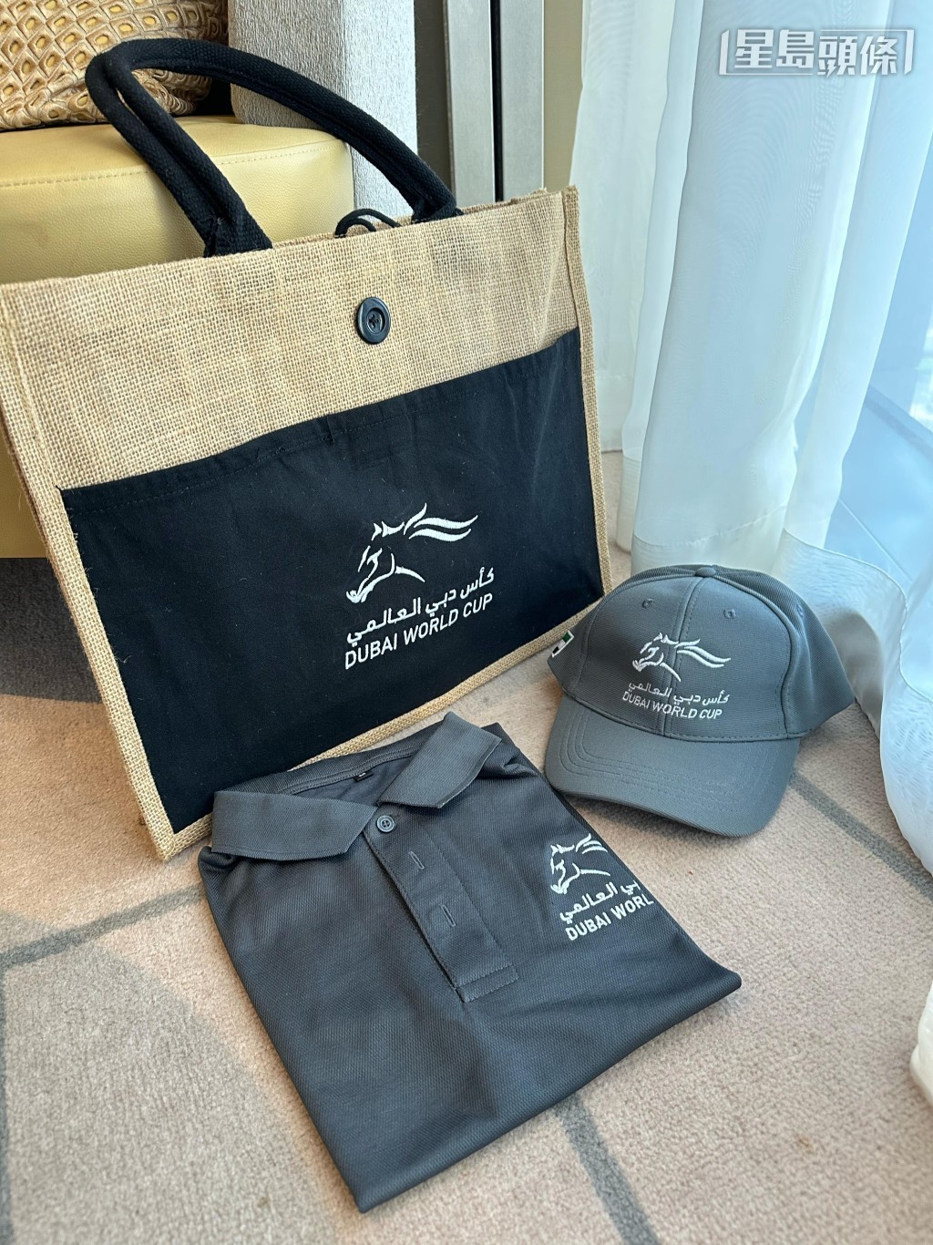 今屆杜拜世界盃的傳媒紀念品亦和香港賽馬會的相若,每人一件馬球恤、一頂紀念帽和一個環保袋。 今屆杜拜世界盃的傳媒紀念品亦和香港賽馬會的相若,每人一件馬球恤、一頂紀念帽和一個環保袋。