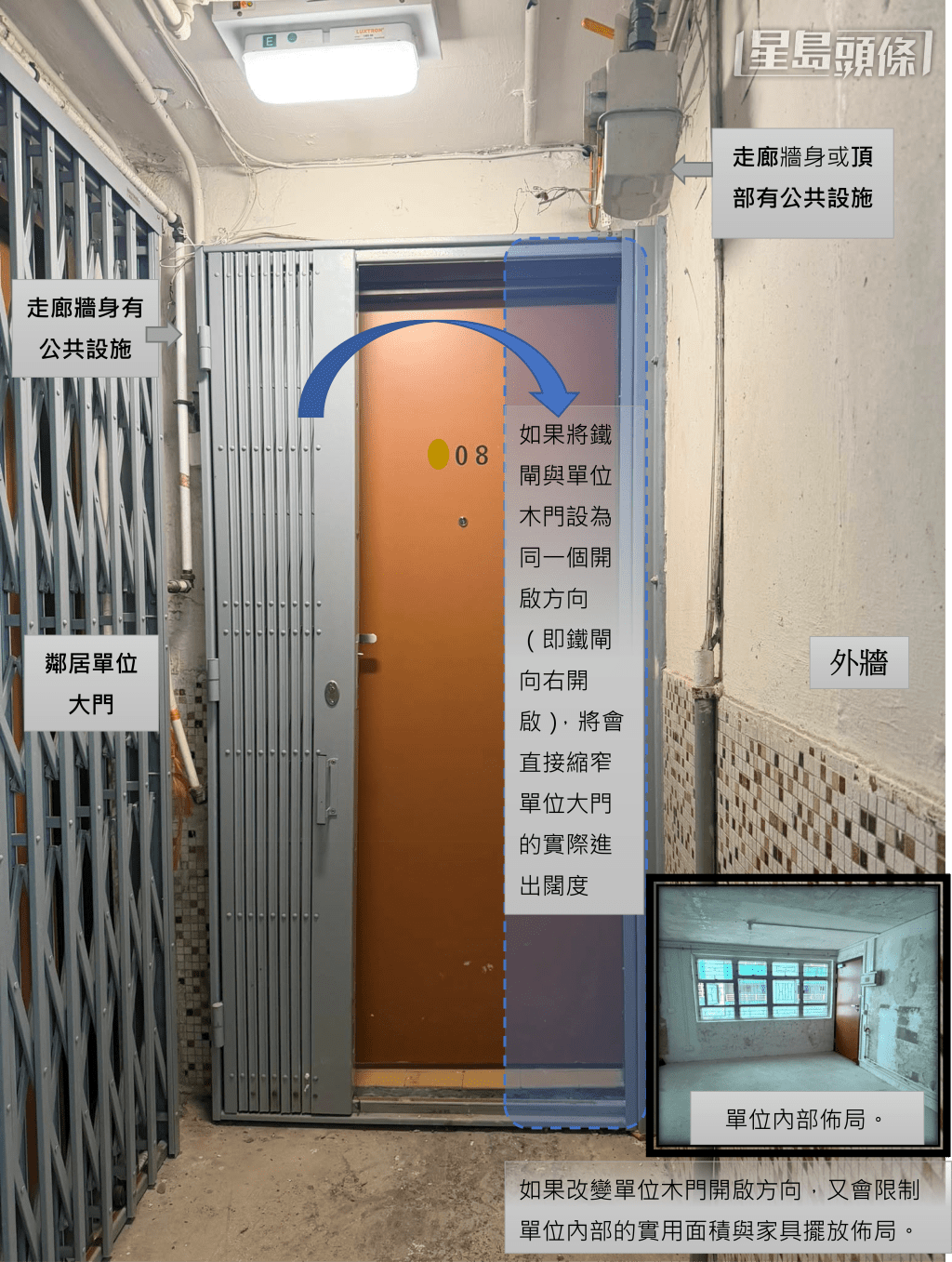 根據房署附上的圖片解說，以八十年代設計的柴灣環翠邨怡翠樓08室為例，該單位位處走廊盡頭。（房署提供相片）
