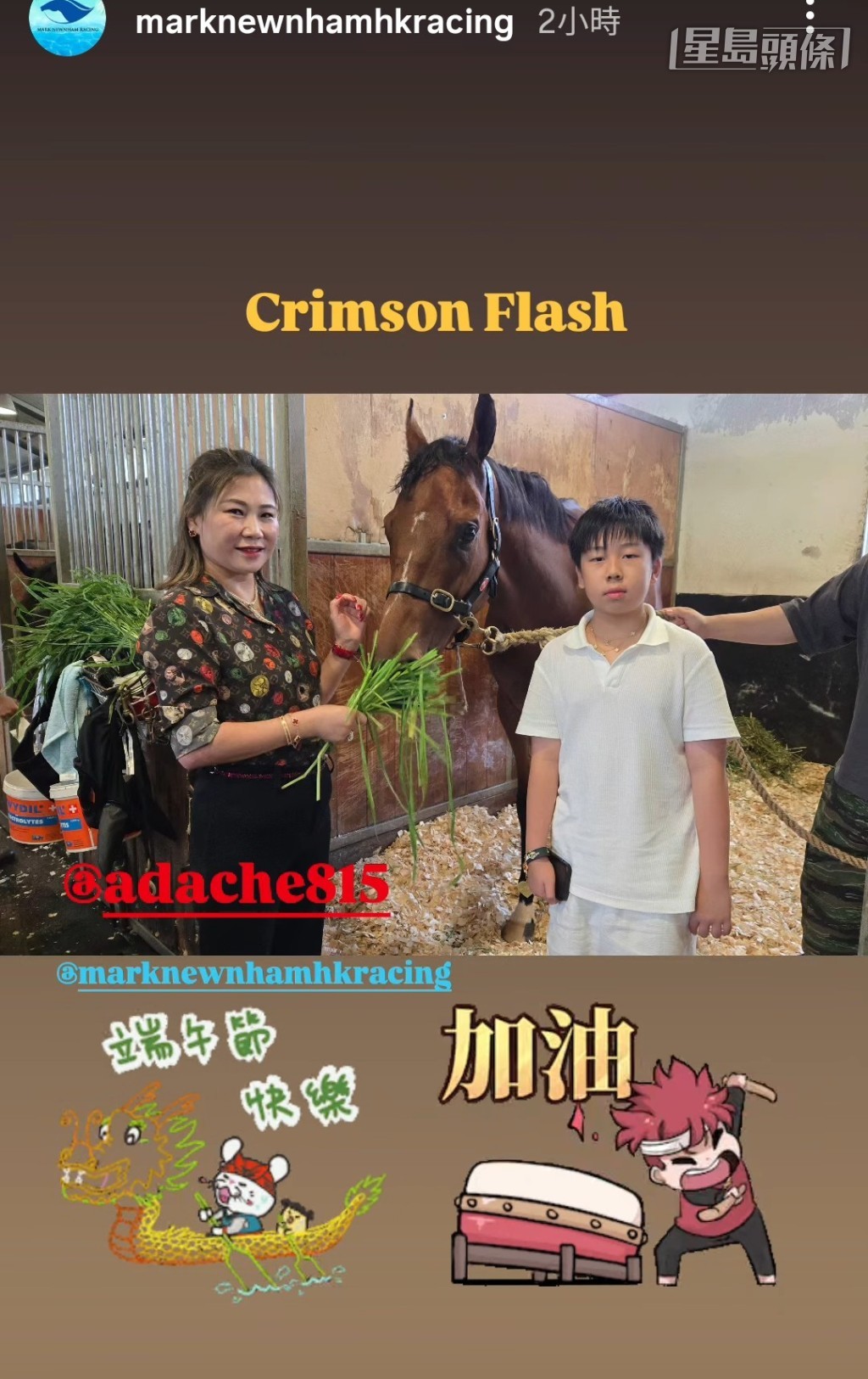 唐献芳、车晓红和其儿子齐齐喂以上两驹食青草和红萝卜，人马享受互动温馨的时光。相片来源：廖康铭马房IG