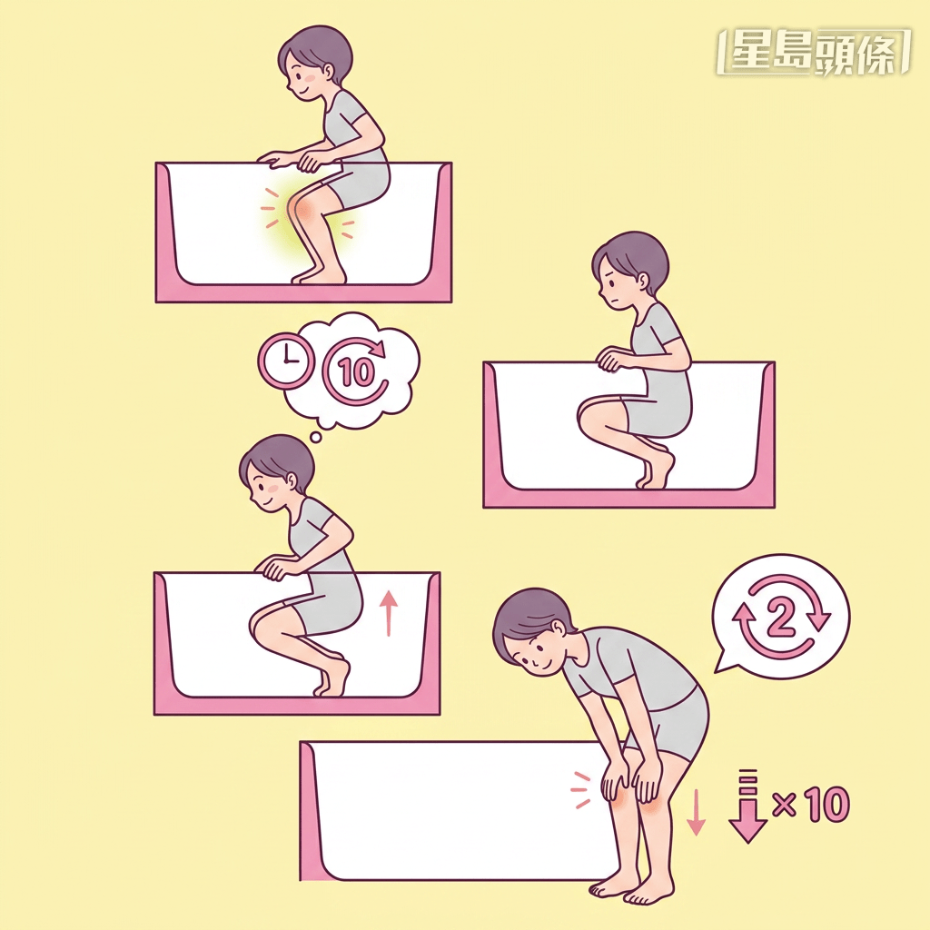 ① 溫熱、蹲下:溫熱膝蓋,雙手扶邊,慢慢蹲下。 ② 停留 10 秒:至無痛極限,扶邊停留 10 秒 (無痛者可蹲坐)。 ③ 慢慢站起:雙手扶邊,慢慢站起來。 ④ 壓膝 10 次:雙手壓膝蓋,伸展 10 次。 ① 溫熱、蹲下:溫熱膝蓋,雙手扶邊,慢慢蹲下。 ② 停留 10 秒:至無痛極限,扶邊停留 10 秒 (無痛者可蹲坐)。 ③ 慢慢站起:雙手扶邊,慢慢站起來。 ④ 壓膝 10 次:雙手壓膝蓋,伸展 10 次。