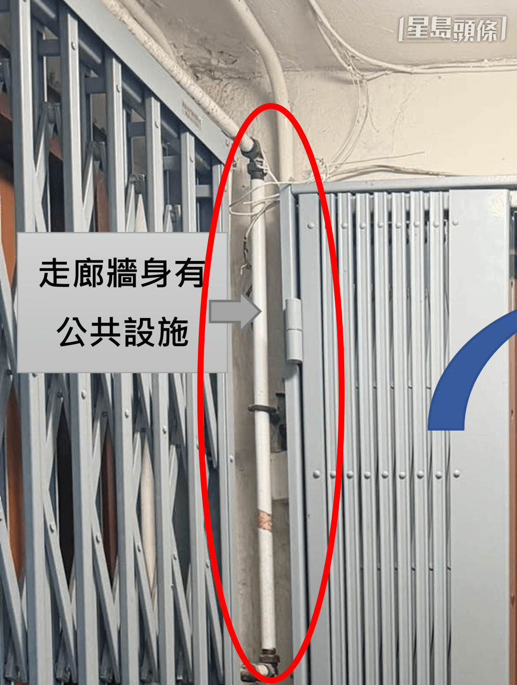 大門的左邊，則與毗鄰單位的大門相隔著一幅極為狹窄、且帶有喉管等公共設施的牆身。（房署提供相片）