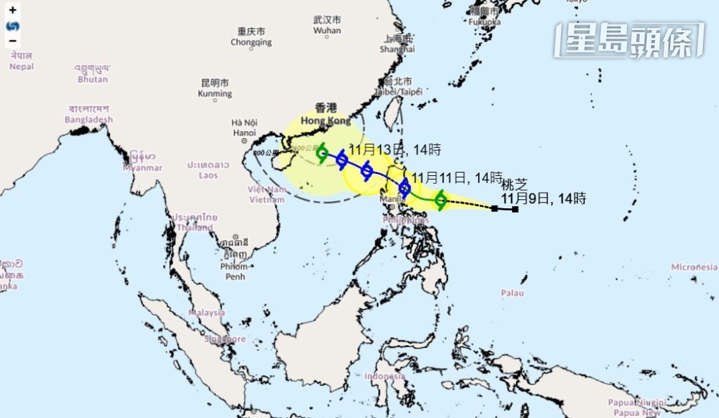 天文台預料桃芝將在下周三（13日），以強烈熱帶風暴的級別闖進香港400公里範圍內。天文台網頁