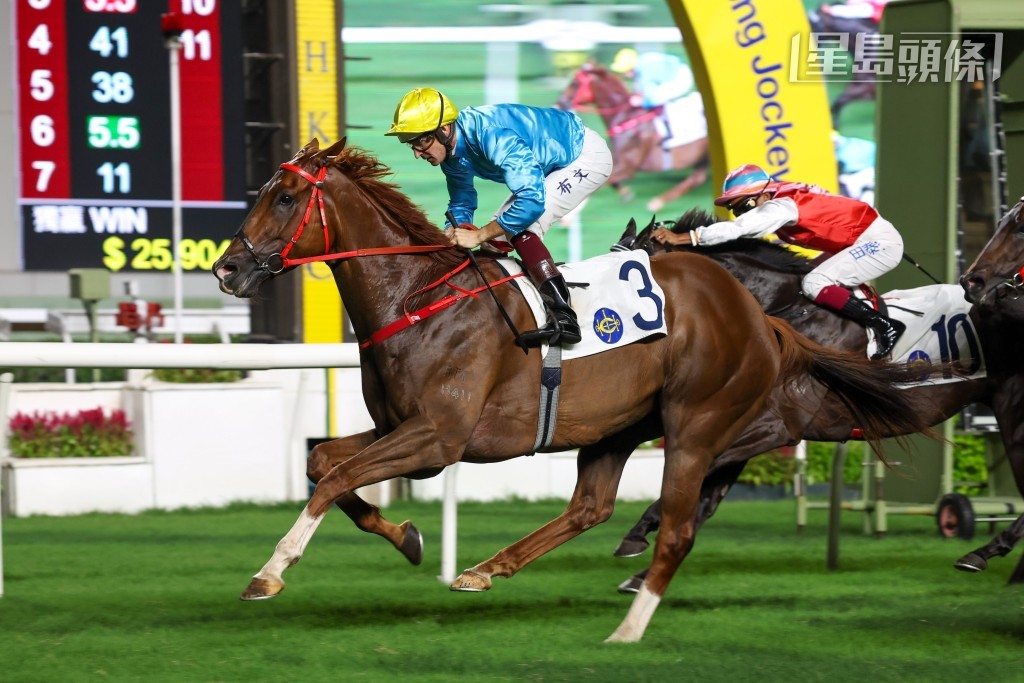 「氣勢」(圖) 上仗於6月14日在沙田一項1200米賽事中以出色表現奪勝，於該仗夥拍「氣勢」贏馬的騎師布文因停賽關係，馬兒今仗將交由艾道拿執韁。