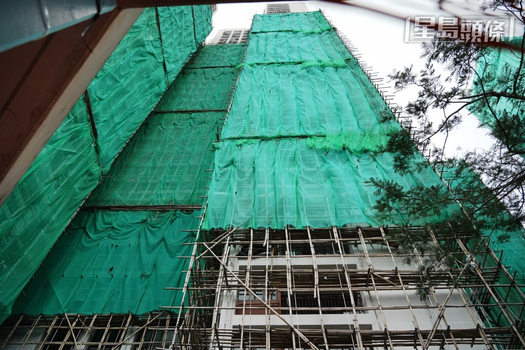 屋苑外牆被棚架和棚網覆蓋。
