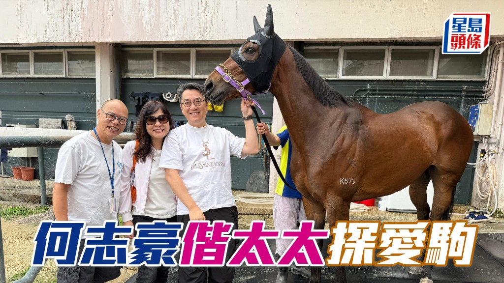 何志豪日前和太太前往苏伟贤马房探望「笑盈喜」，练者细心向两位马主汇报马儿的近况。相片来源：马主何志豪提供