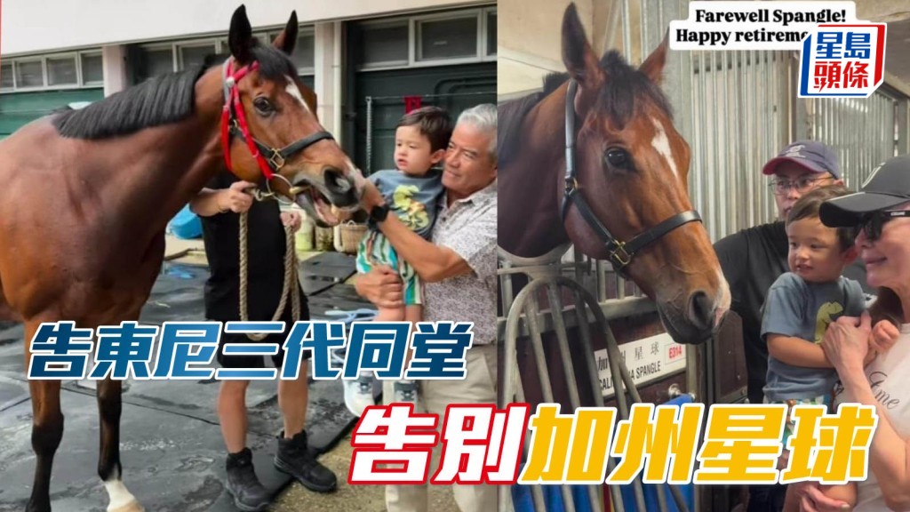  告東尼和Pauline均分別抱實外孫Enzo餵青草和輕撫「加州星球」，眾人祝福馬兒健康快樂，享受退役生活。 相片來源：馬會Ig，告東尼女兒告津瑜ig