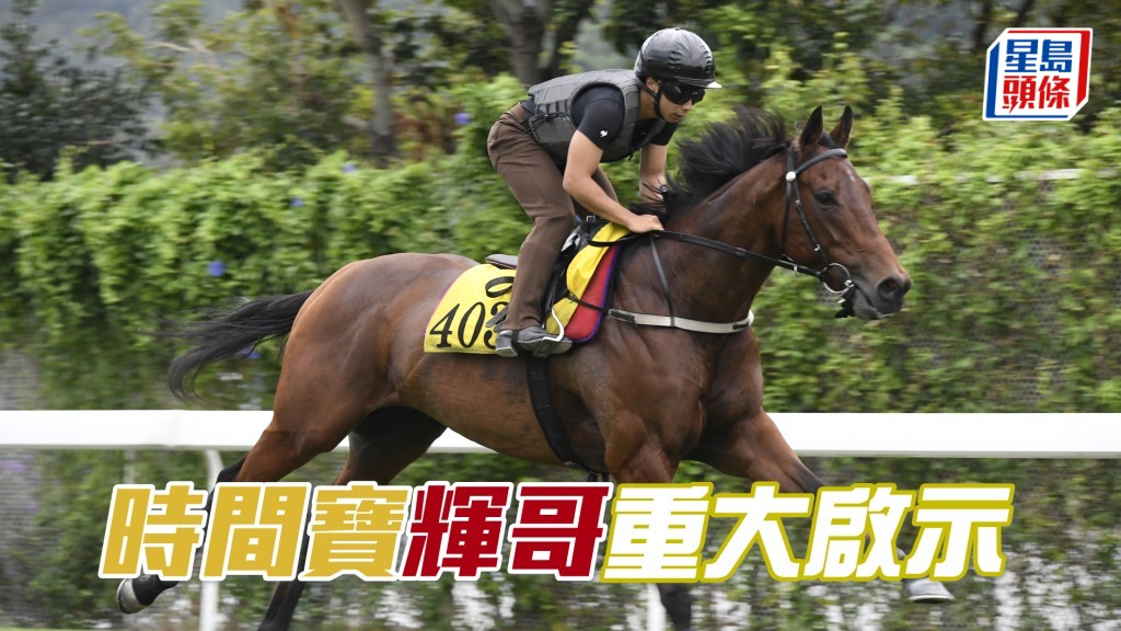 姚本輝今朝課後到機坪接「時間寶」，當時更摸馬頭盡顯滿意程度。