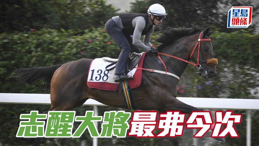 ■「志醒大將」昨早由潘頓試來肯轉腳且露暗火，神采飛揚馬身靚，季內最弗一次。