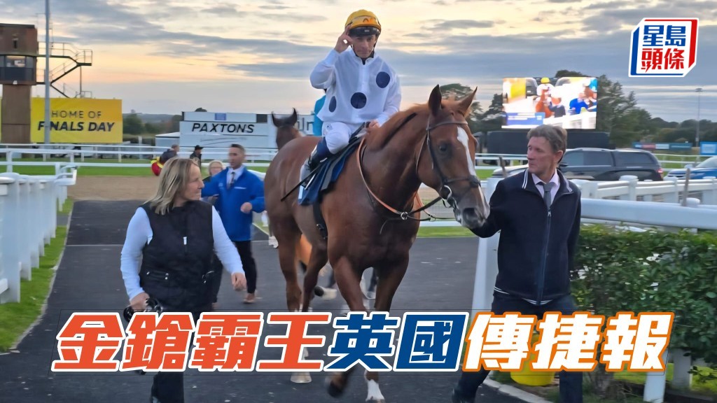 「金鎗六十」馬主陳家樑在英國所養的首匹愛駒「金鎗霸王」(Golden Conqueror)(圖),日前配蘇兆輝凱旋而歸,為陳家樑帶來他在英國首場頭馬。短片截圖來源:馬主陳家樑提供