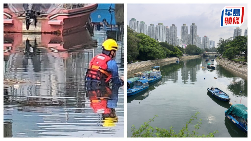 救援人員跳入河中救人，現場是廣福橋對開的林村河。左圖：fb大埔 TAI PO；右圖：梁國峰攝
