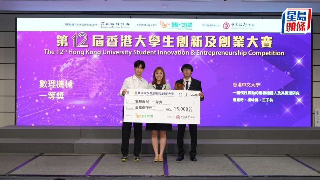 中大機械與自動化工程學系學生王子杭（左）和電子工程學系學生楊咏樽（右）獲得一等獎。中大提供