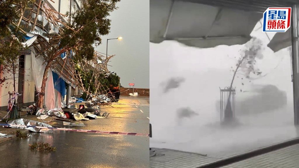 黃雨下鴨脷洲狂風呼嘯如末日 海傍工廈棚架樹木倒塌 波及3途人及車輛｜有片