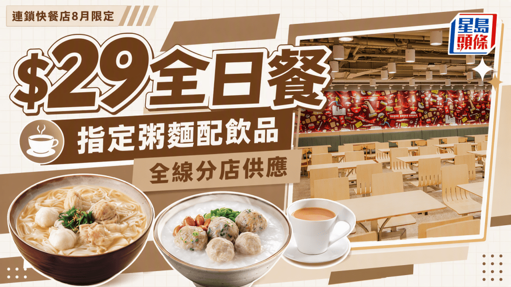 連鎖快餐店8月限定優惠！指定粥麵配飲品全日$29 全線分店供應