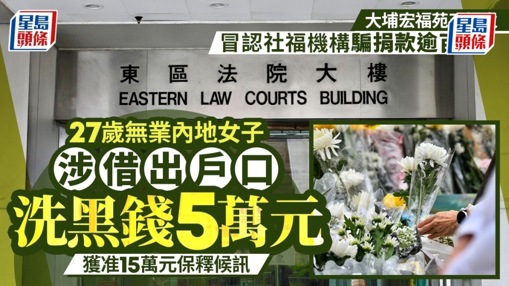 偽冒社福機構騙捐款逾百萬，27歲內地女子田麗涉借出戶口洗黑錢5萬元提堂，獲准以15萬元保釋候訊。