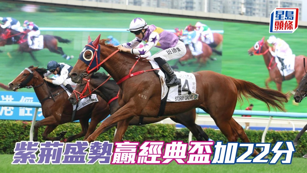 昨日以同場最低分馬身份贏香港經典盃的羅廄馬「紫荊盛勢」，賽後加22分升至98分，僅次於近年「大至尊」贏打吡加25分。