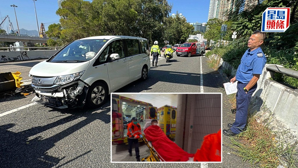 消防七人車撞欄,車頭損毀。許文光攝