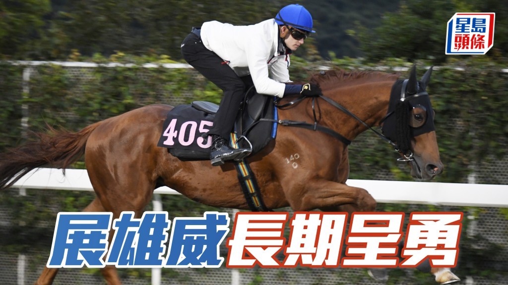 「展雄威」近來早課輕描淡寫神態自若，身靚力足，走勢爽朗長期呈勇。