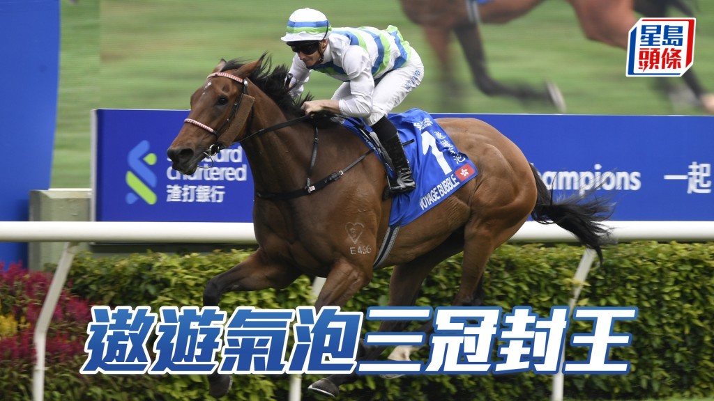 姚本輝馬房的「遨遊氣泡」以一點八倍大熱勝出，成為自一九九四年「翠河」之後，首匹能攻下董事盃、香港金盃及冠軍暨遮打盃三冠系列賽事的馬匹。