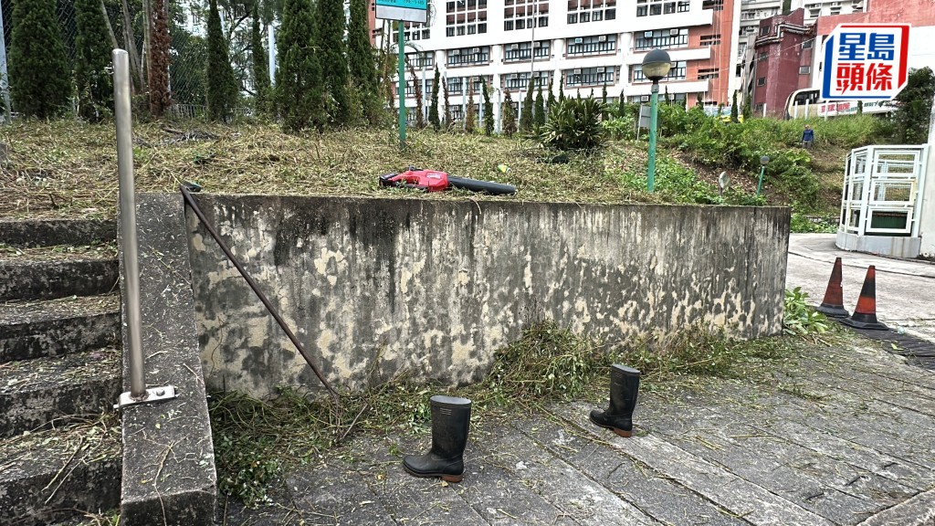 工人除草期間被鐵枝擊中腳部。劉漢權攝