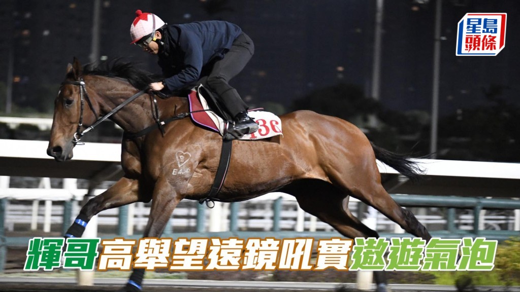 「遨遊氣泡」今早積極備戰，在沙田馬場進行操練，姚本輝全程高舉望遠鏡吼實，十分緊張。