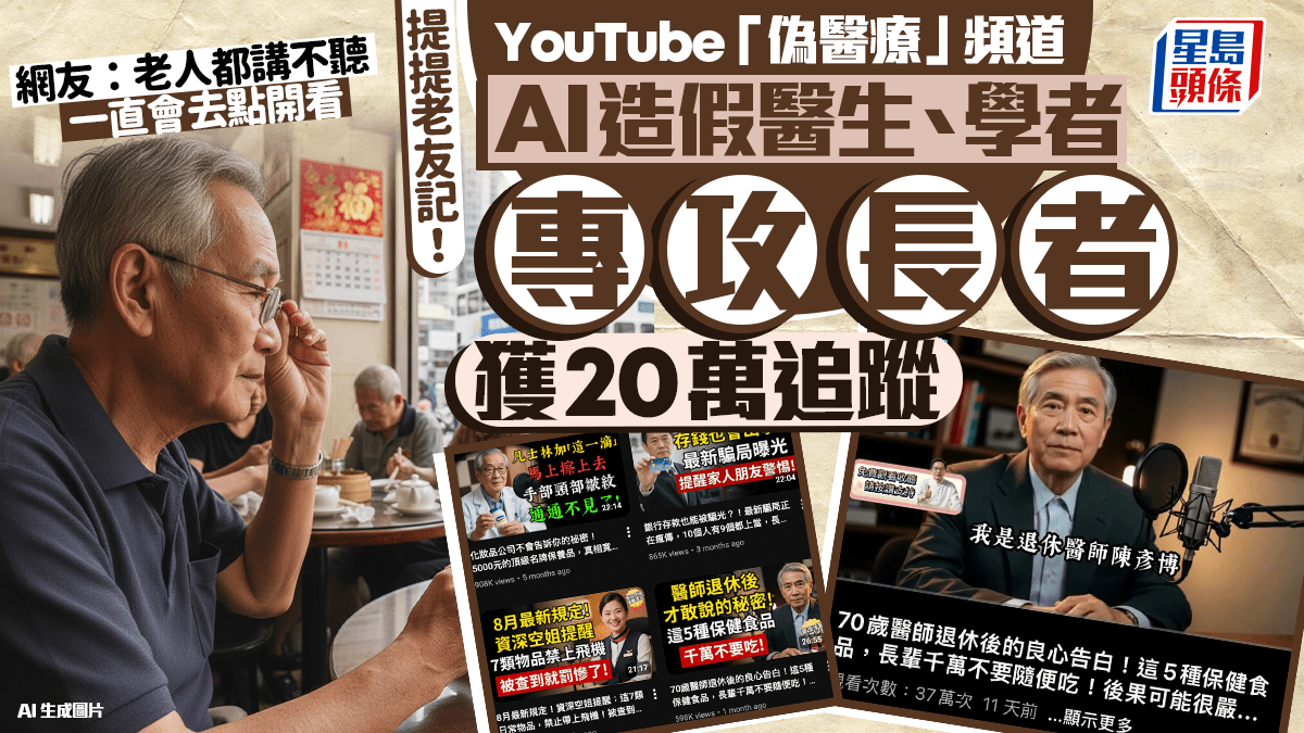提防YouTube「偽醫療」頻道! AI造假醫生、學者專攻長者 獲20萬追蹤 網友:家裡長輩超愛看 提防YouTube「偽醫療」頻道! AI造假醫生、學者專攻長者 獲20萬追蹤 網友:家裡長輩超愛看
