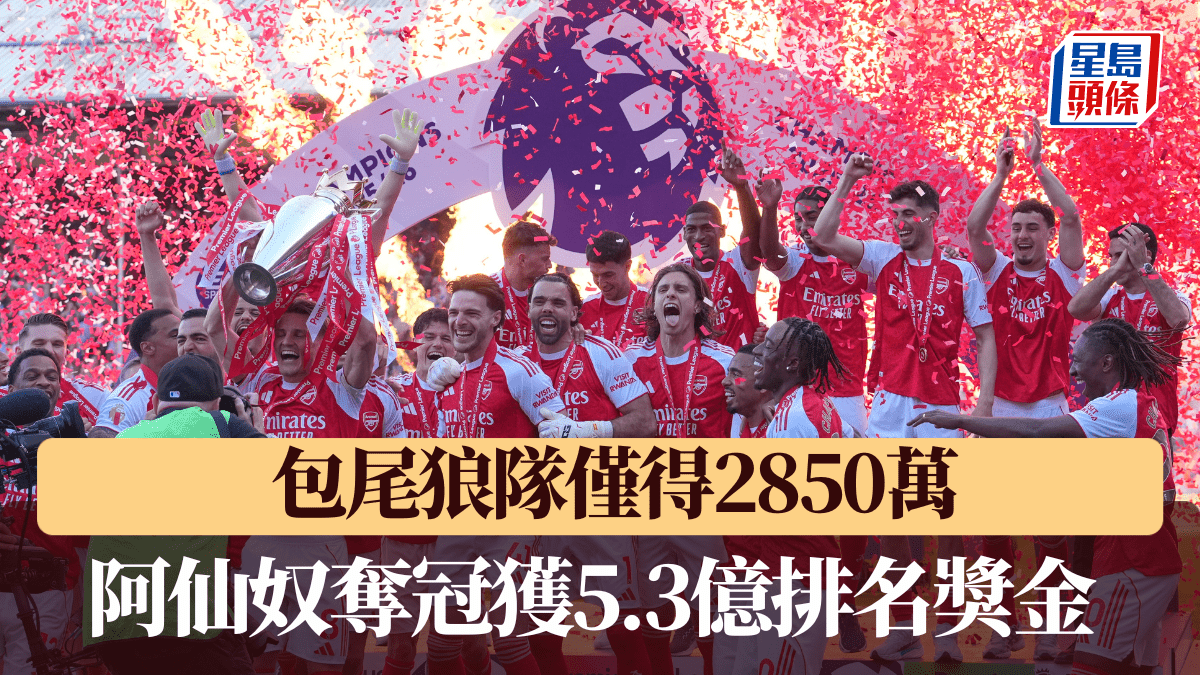 英超｜英超排名獎金出爐 阿仙奴狂攬5.3億 包尾狼隊僅得2850萬