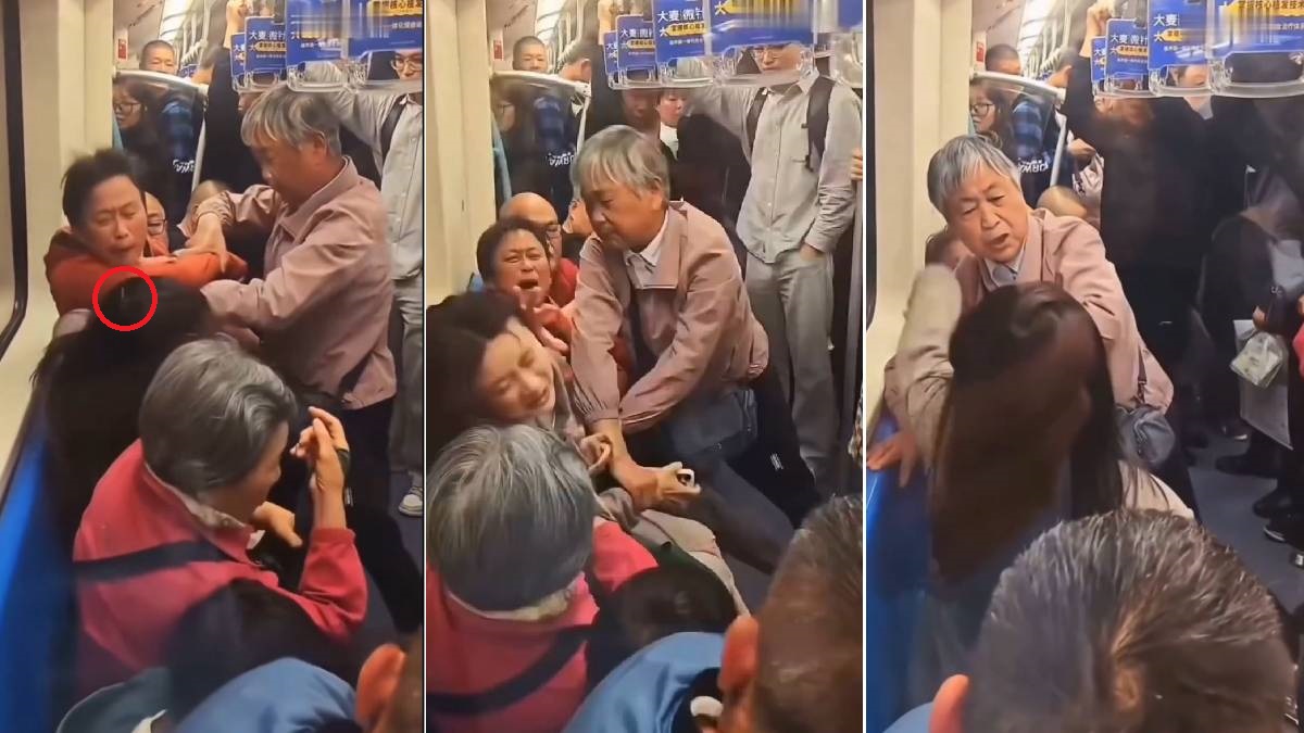 上海地鐵︱2阿婆爭位對女客扯髮吐口水  網民：社會病了，而且病的很重