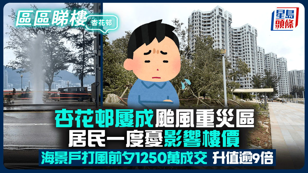 杏花邨屢成颱風重災區 居民一度憂影響樓價 海景戶打風前夕1250萬成交 長情業主勁賺9倍 杏花邨屢成颱風重災區 居民一度憂影響樓價 海景戶打風前夕1250萬成交 長情業主勁賺9倍