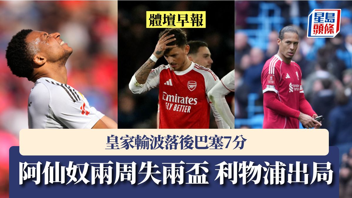 體壇早報｜阿仙奴兩周失兩盃 利物浦出局 皇家輸波落後巴塞7分
