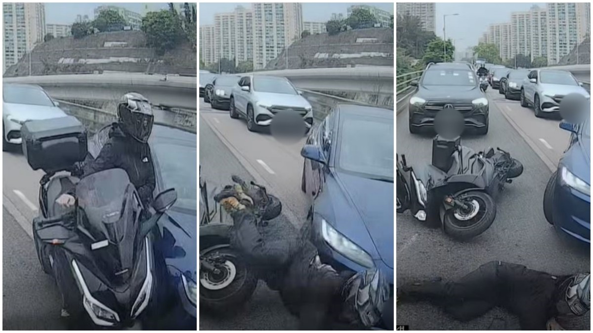 車cam直擊│何文田公主道Tesla轉線撞揳車罅電單車 鐵騎士墮地翻車