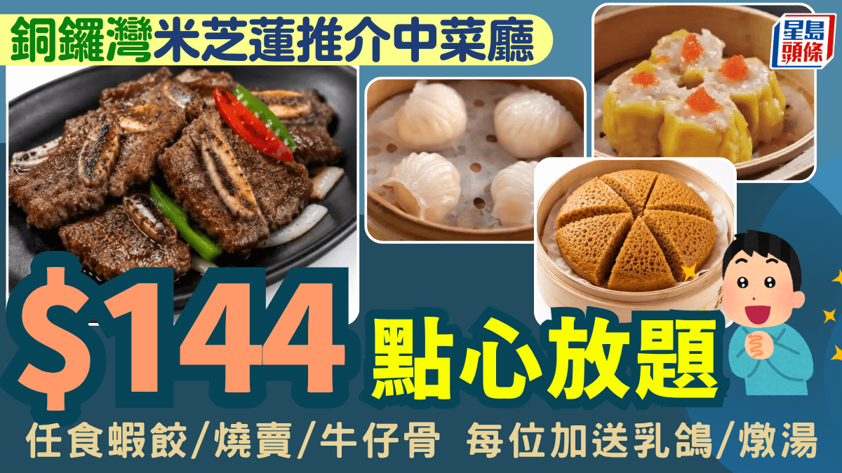 銅鑼灣中菜廳點心放題買1送1優惠！米芝蓮推介店 4/位任食蝦餃/燒賣/口水雞 每位加送乳鴿/燉湯