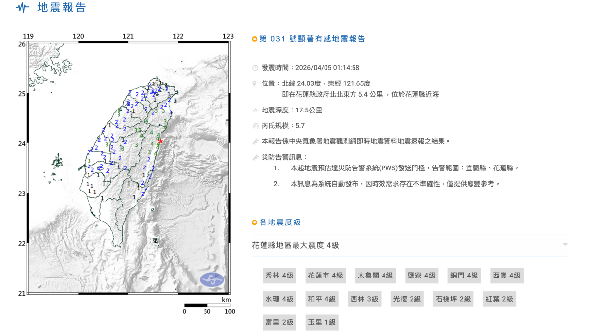台灣花蓮凌晨發生5.7級及4.8級地震