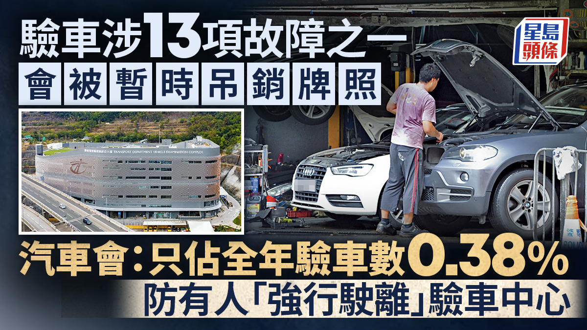 驗車涉13項故障之一須暫時吊銷牌照汽車會稱車主毋須擔心：只佔全年驗車數0.38%