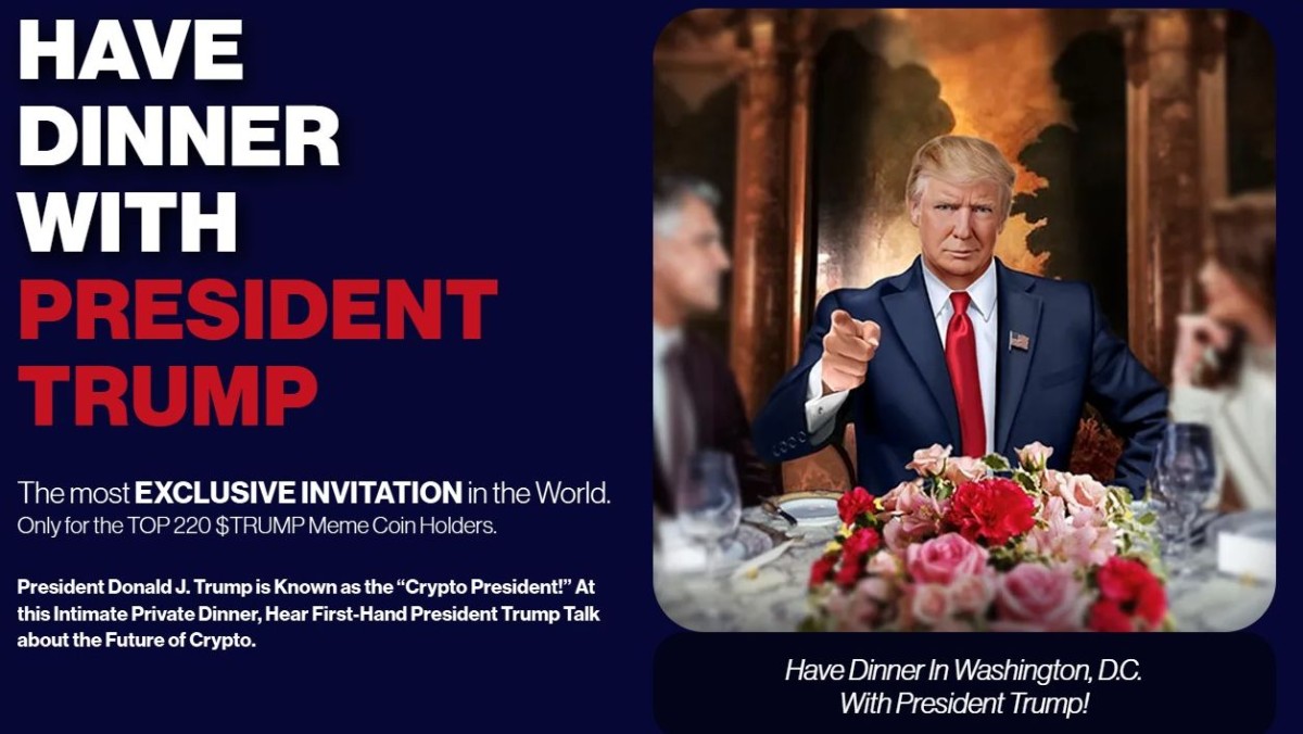 $TRUMP｜ 特朗普迷因幣招待「大戶」 邀晚宴、參觀白宮幣值即升60%