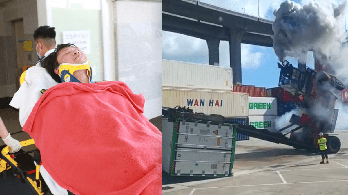 葵涌貨櫃碼頭吊臂車翻側 司機一度被困 清醒獲救送院