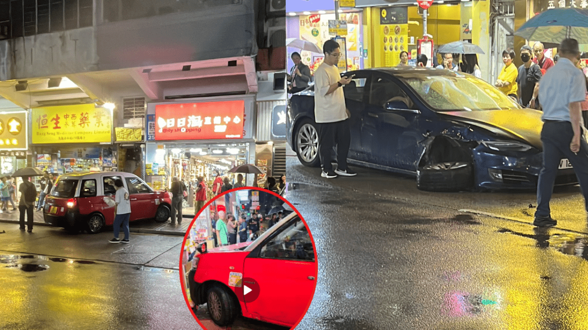 長沙灣「甩轆」車禍 的士失控剷行人路 險直插家品店