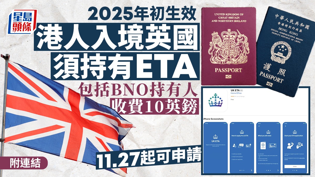 英國入境｜明年初入境英國前須持有ETA 每次收費10英鎊港人11.27起可申請（附連結）