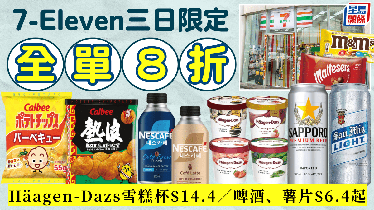 7-Eleven 8折優惠｜7-11便利店3日限定折扣！Häagen-Dazs雪糕杯$14.4／啤酒、薯片$6.4起