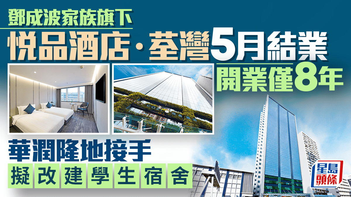 「悅品酒店‧荃灣」5月結業！鄧成波家族旗下物業 獲華潤隆地9.53億接手 擬改建學生宿舍