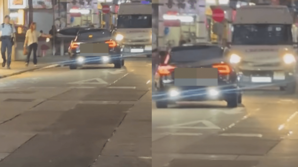 油麻地逆線Tesla與警車「狹路相逢」 獲警員「護送」褪車尷尬受查