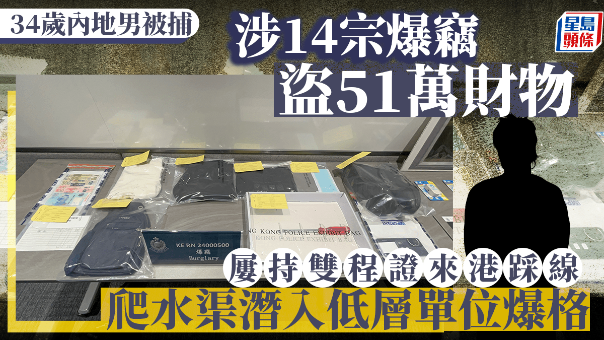 爬水渠潛入低層單位爆竊多次來港涉14宗案盜51萬財物34歲內地男終落網
