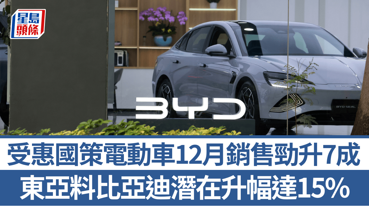 受惠國策電動車12月銷售勁升7成東亞料比亞迪潛在升幅達15%