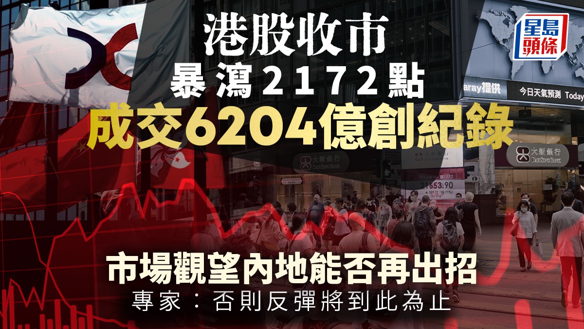 港股收市暴瀉2172點成交6204億創紀錄市場觀望內地能否再出招專家︰否則反彈將到此為止