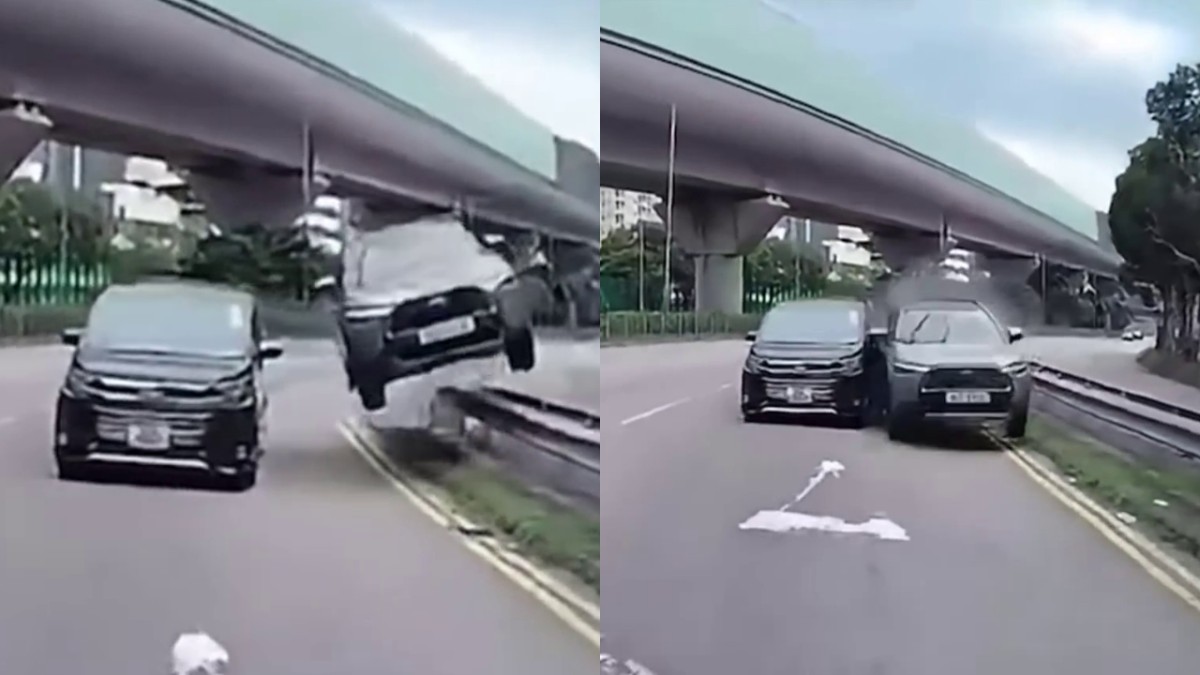 車Cam｜馬鞍山SUV特技式剷壆起飛 攔腰撞開七人車再爬頭 網民：錢家班都認輸